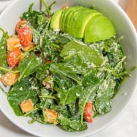 Kale Caesar · Baby lacnato kale, avocado, cherry tomatoes, scallions, Asiago croutons.