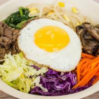Bi Bim Bap · Steamed White Rice,  Carrots, Lettuce, Mushrooms, Spinach , Red Cabbage, Bean Sprouts, Beef ...