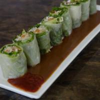 Soft Shell Crab Fresh Roll (8 pcs) · Green leaves, bean sprouts, mint and rice noodle in rice paper roll, serve with peanut sauce.