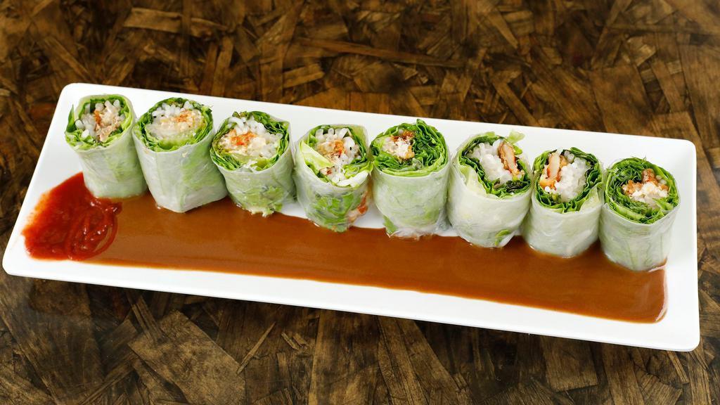 Vegetarian Chicken Fresh Rolls · Soy protein, green leaves, bean sprout, mint, rice noodles rolled in rice paper, served with peanut sauce