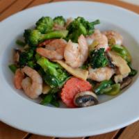 Shrimp with Assorted Vegetables · Sauteed shrimps with broccoli, celery, carrot, bamboo shoot, mushroom, zucchini, string bean