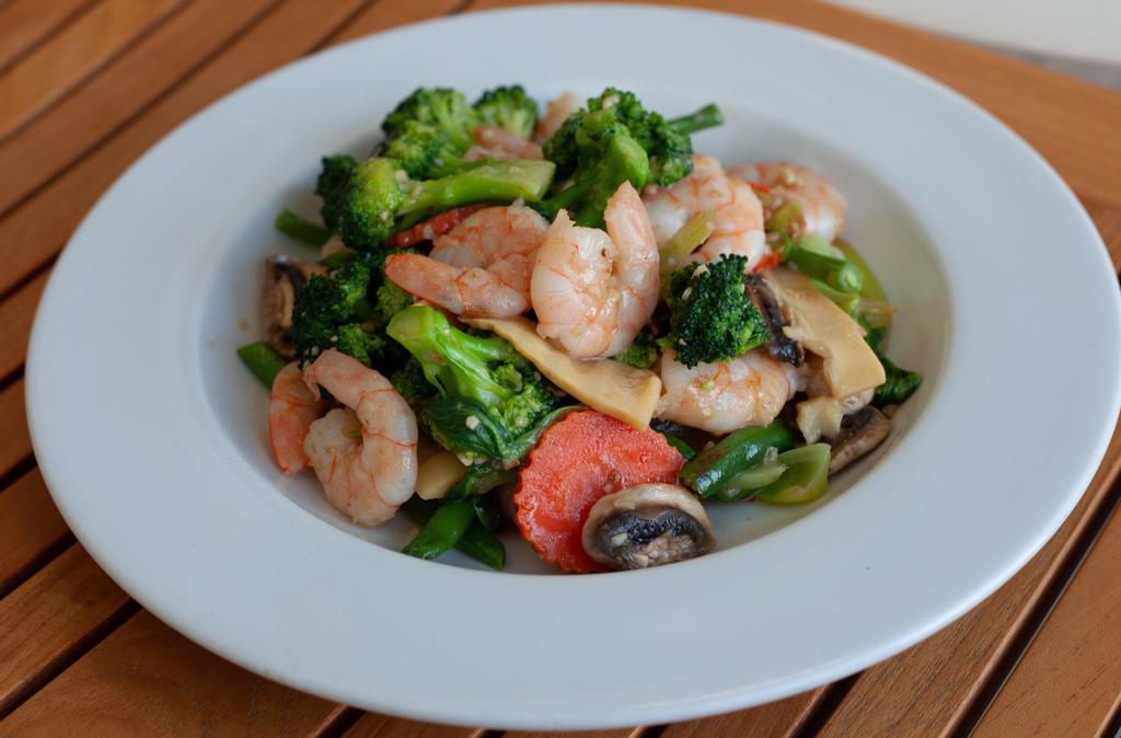 Shrimp with Assorted Vegetables · Sauteed shrimps with broccoli, celery, carrot, bamboo shoot, mushroom, zucchini, string bean