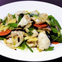 Ginger Scallions Fish Filet · Sauteed ginger and scallion with basa fish filet and seasonal vegetables.