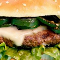 Spanish Caliente Burger · Angus Beef / Habanero Aioli / Pepper Jack Cheese / Lettuce / Jalapenos