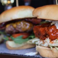 Signature Slider Flight · Beef with Cheddar and Bacon - Buffalo Chicken with Blue Cheese Dressing - BBQ Pulled Pork wi...