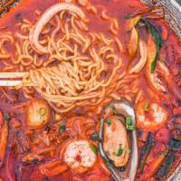 Big Jjam Bbong · Spicy. Spicy seafood noodle soup. Shrimp, scallop, calamari, mussel, and vegetables.