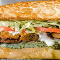 71. STEVE JOBS · Breaded Eggplant, Pesto, Ranch, Provolone. All sandwiches are served hot with dirty sauce, l...