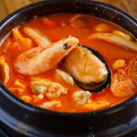Squid Tofu Soup 오징어 순두부 · Soft tofu stew with squid and enoki mushroom.