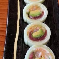 Akemi  · yellowtail, tuna, salmon, avocado, cucumber wrap, ponzu, kewpie