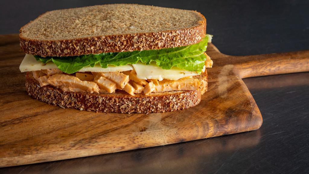 Pollo Azteca · Bordenave's Whole Wheat Bread with house made chipotle-mayo chicken salad, pepper jack cheese, lettuce.