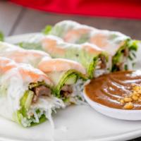 A1-Spring Roll · Fresh roll with shrimp, grilled pork, vermecelli, lettuce, cucumber, and mint wrapped in cle...