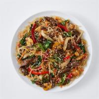 Japchae · 887 cal. Soy garlic sauce.
a sweet and savory dish of stir-fried glass noodles and vegetable...