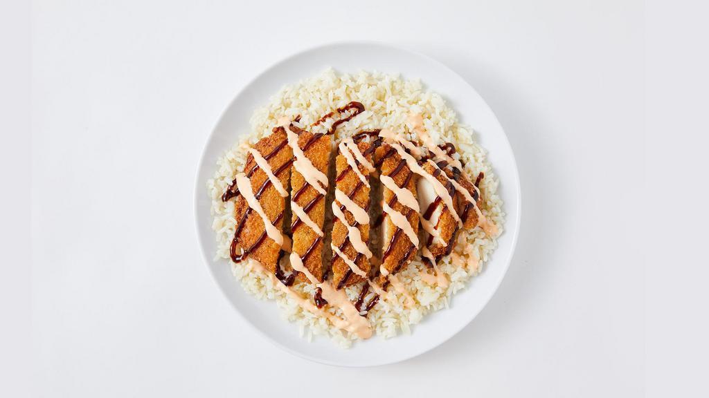 Chicken Katsu · 1319 cal.
Breaded chicken cutlet served with steamed rice, drizzled with katsu sauce and spicy mayo.