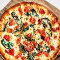 Gluten Reduced Margherita Pizza · Vegetarian. Mozzarella, tomatoes, fresh basil, olive oil tomato sauce optional.