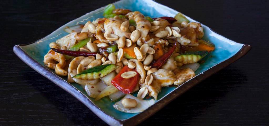 Kung Pao Chicken · Spicy. Tender diced chicken breast sautéed with celery, bell peppers, jicama and zucchini. Garnished with roasted peanuts.
