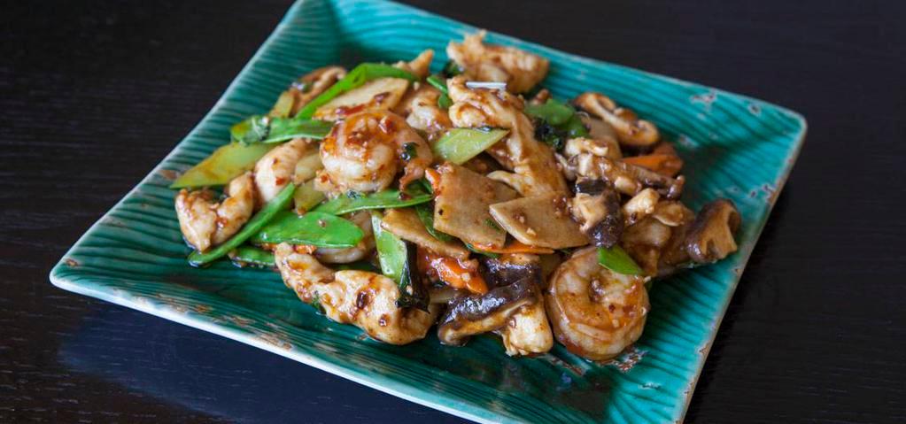 Bangkok Basil Prawns & Chicken · Spicy. Stir-fried with shiitake mushrooms, celery, carrots, snow peas, jicama and garlic satay sauce.