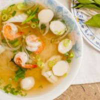 Seafood Soup · Seafood noodle soup contains shrimp, calamari and fishballs. (chicken broth)