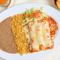 Enchiladas · Chicken or cheese (3) topped with our especial enchilada sauce and monterrey cheese. Served ...