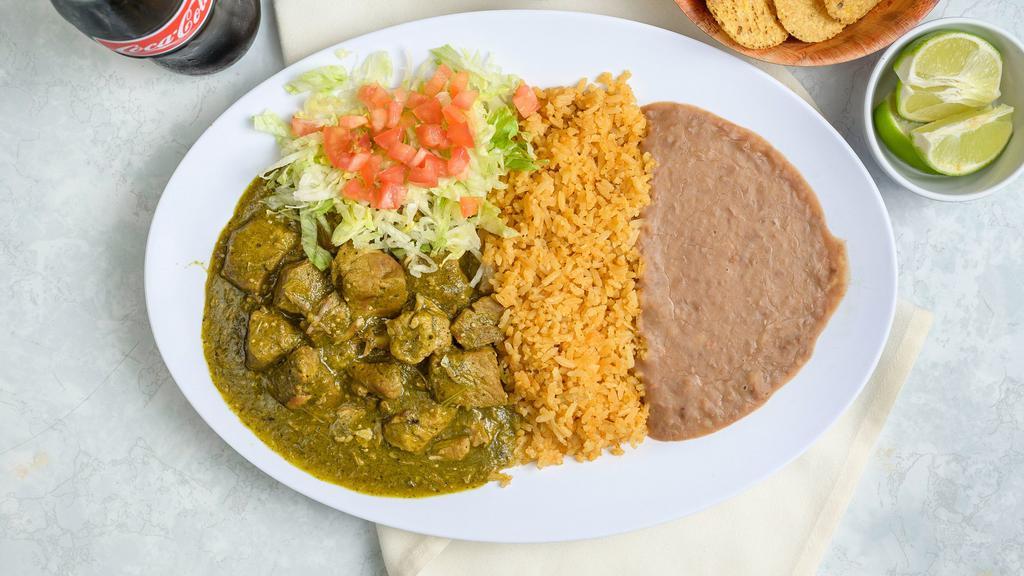 Chile Verde · Tender cut pork in our special green chili sauce. Served with refried beans, rice, and tortillas