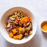 Mezze Harvest Bowl · Ancient grain mix, za’atar-spiced chickpeas and cauliflower, israeli salad (tomato, cucumber...