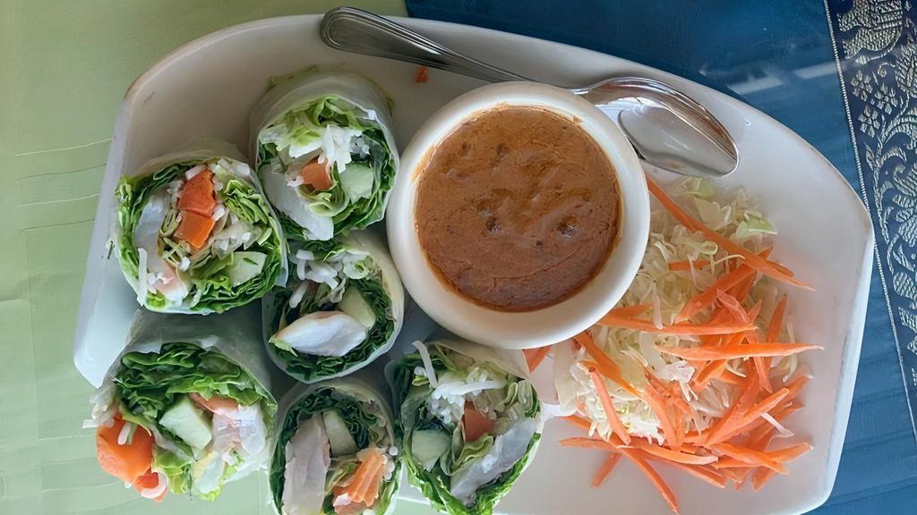 Thai Spring Rolls · Vegetarian rolls stuffed with silver noodles.