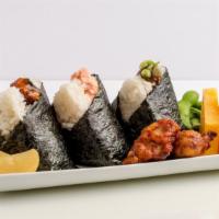 Bento Set w/3 Onigilly · Choose 3 ONIGILLY w/ chicken karaage, tamagoyaki, edamame & takuan