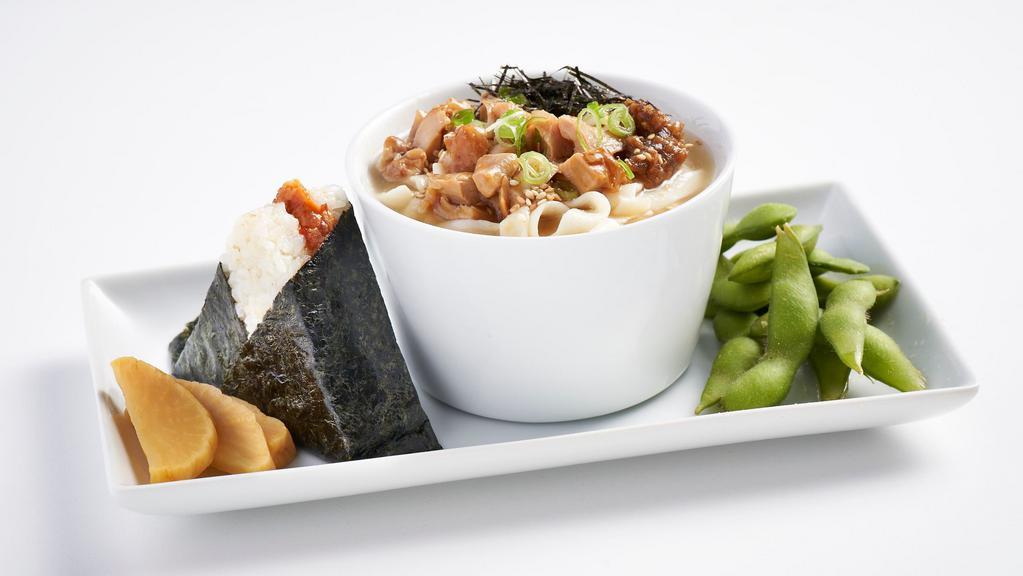 Tofu Noodle Soup Set · Served with edamame and takuan.