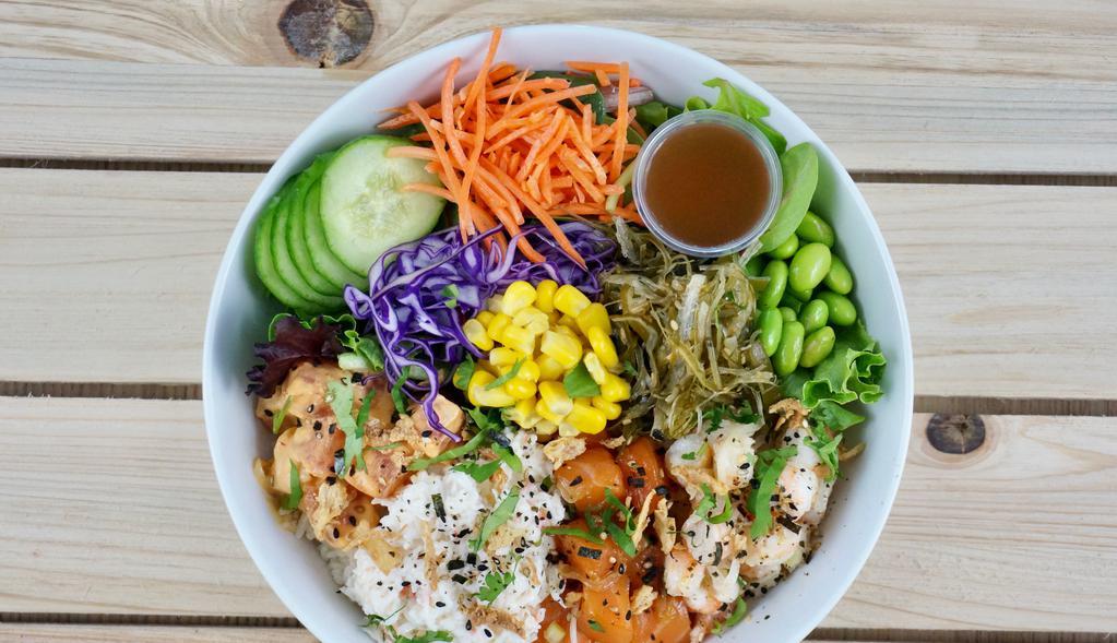 Create Your Own (3 Scoops) · Your choice of 3 scoops of Protein served over rice & mixed greens with krab salad, seaweed salad, cucumber, corn, carrot, red cabbage, edamame, crispy onion, furikake and cilantro.