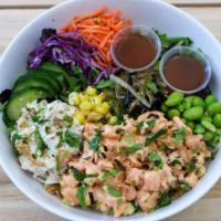 Spicy Shrimp Poke Bowl · Spicy Shrimp served over rice & mixed greens with krab salad, seaweed salad, cucumber, corn,...