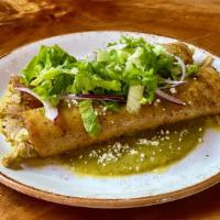 Echiladas · pulled rotisserie chicken, roasted poblano salsa verde, queso fresco, red onion,lettuce, gre...