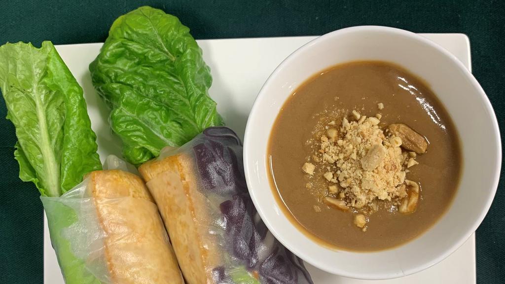A5. Forbidden Black Rice Tofu Spring Rolls · Forbidden black rice vermicelli with tofu, Romaine lettuce, bean sprout, mint and pickled carrot. Serve with spring roll sauce and peanut on the side.