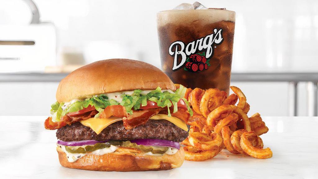 Bacon Ranch Wagyu Steakhouse Burger · A Wagyu beef burger topped with bacon, American cheese, shredded lettuce, tomato, pickles, red onions, and Parmesan Peppercorn Ranch on a toasted buttery brioche bun. Visit arbys.com for nutritional and allergen information.