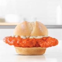 Buffalo Chicken Slider · A crispy chicken tender dipped in spicy buffalo sauce with parmesan peppercorn ranch sauce o...