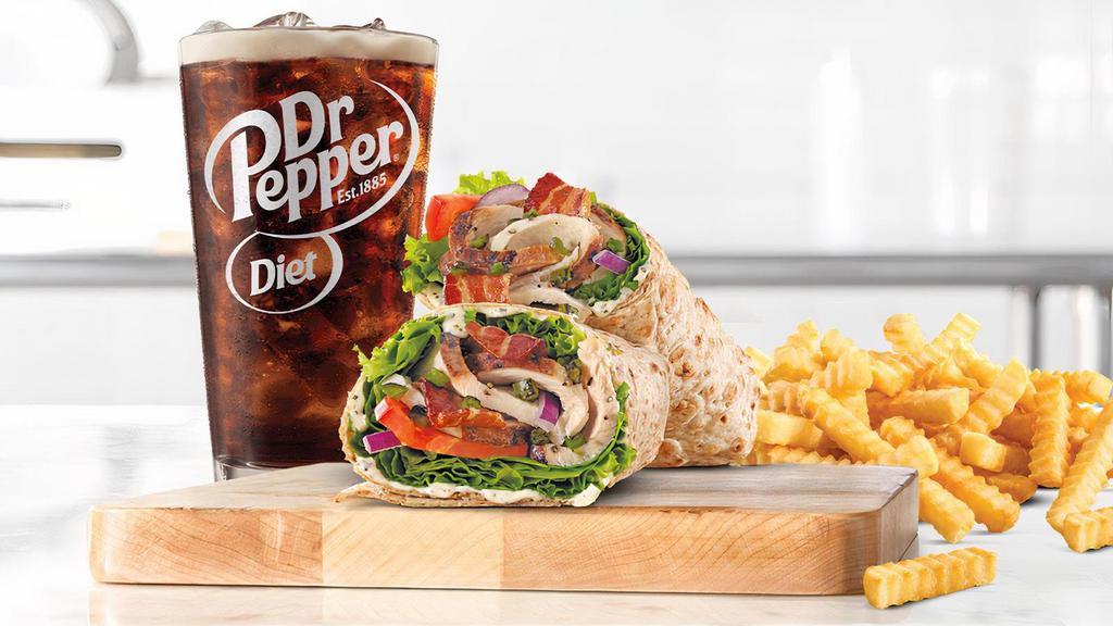 Jalapeno Bacon Ranch Wrap · Slow roasted chicken breast with bacon, cheddar cheese, fire-roasted jalapenos, parmesan peppercorn ranch sauce, green leaf lettuce, red onion, and tomato in an artisan wheat wrap. Visit arbys.com for nutritional and allergen information.
