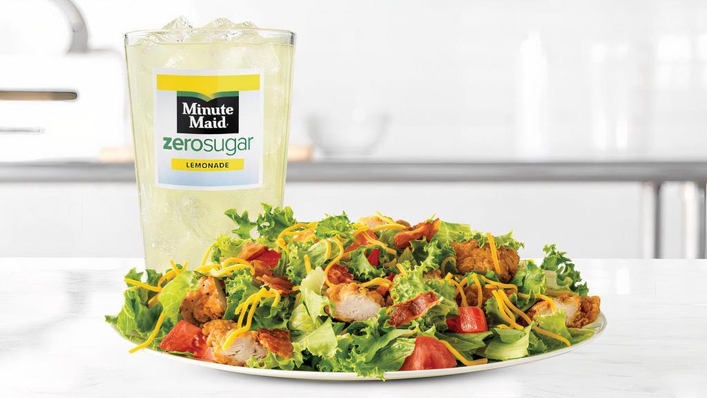 Crispy Chicken Salad · Crispy chicken and diced bacon on a bed of chopped fresh lettuce with diced tomatoes and shredded cheddar cheese. Served with choice of dressing. Visit arbys.com for nutritional and allergen information.
