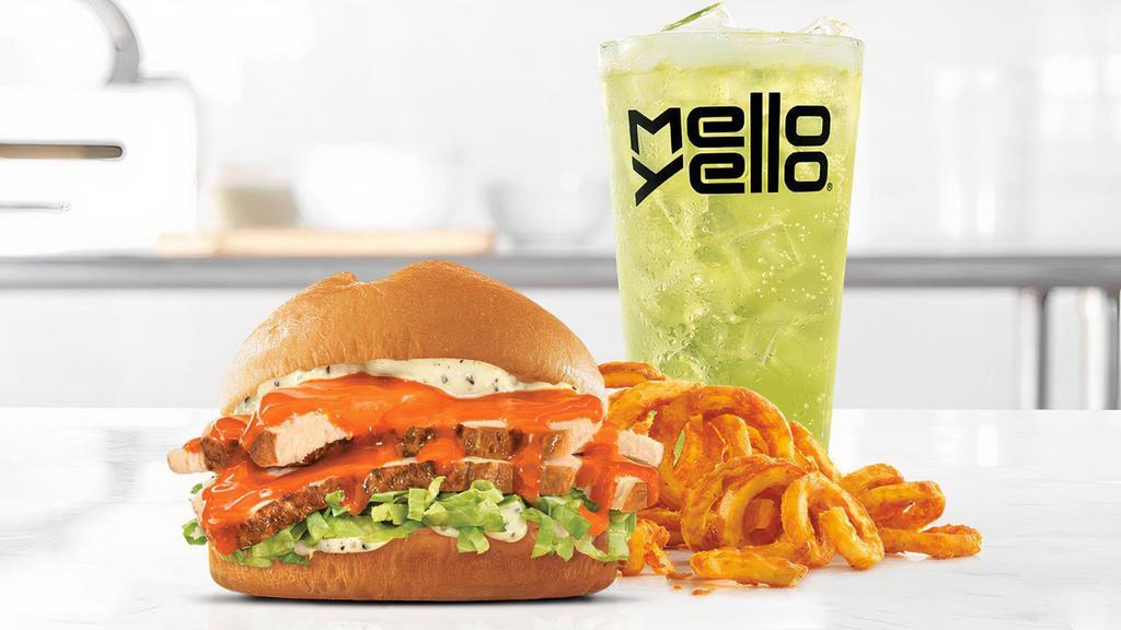 Roast Buffalo Chicken Sandwich · Slow roasted chicken drizzled in spicy buffalo sauce with lettuce and parmesan peppercorn ranch sauce on a toasted specialty bun. Visit arbys.com for nutritional and allergen information.