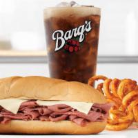 Classic French Dip & Swiss · Thinly sliced roast beef with melted Swiss cheese on a toasted sub roll. Served with au jus ...