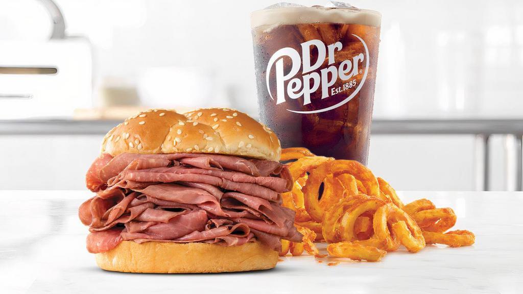 Double Roast Beef · Two times the amount of signature roast beef than the Classic Roast Beef on a toasted sesame seed bun. Visit arbys.com for nutritional and allergen information.