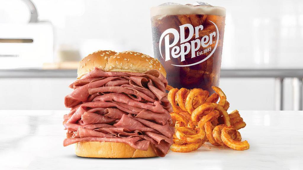 Half Pound Roast Beef · A half pound of thinly sliced roast beef on a toasted sesame seed bun. Visit arbys.com for nutritional and allergen information.