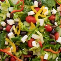 Greek Salad (Gluten-Free and Vegetarian) · Gluten-free, vegetarian. Romaine lettuce, tomatoes, cucumbers, kalamata olives, and shredded...