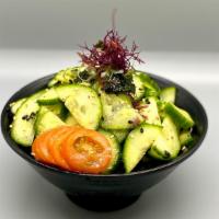 Sunomono Salad · Gluten-free, vegetarian. Sliced English cucumber, rainbow kelp, lemon rice wine vinaigrette.