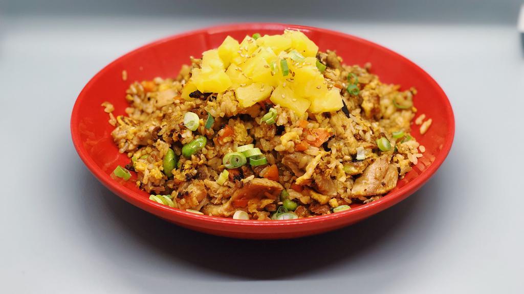16. Da’kine Special Fried Rice · Gluten-free. Fried rice, pork belly, duck, roasted chicken, pineapple, scrambled egg, scallions.