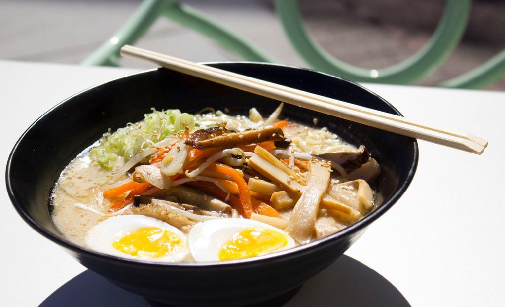 1. Iwanuma Veggie Ramen (Japan) · Vegetarian.  Gluten- Free. Kombu shiitake broth, ramen egg noodle, wok fried veggies, pickled bamboo shoots, scallions, soft boiled egg.