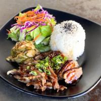 12. Roasted Duck Plate · Roasted local duck with plum hoisin, side salad, house pickles, served with steamed rice.