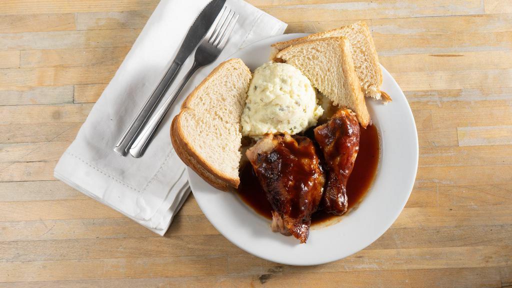 Smoked Chicken · One-quarter juicy smoked chicken smoked with our special blend of seasoning.  Lunch comes with potato salad and wheat bread.