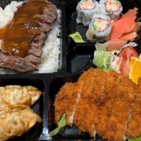 Bento C · Choice of 2 items. Served with soup, rice, gyoza, and California roll.