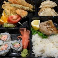 Bento A · Choice of 2 items. Served with soup, rice, gyoza, and California roll.