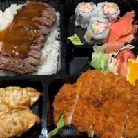 Bento B · Bento B. Choice of 2 items. Served with soup, rice, gyoza, and California roll.