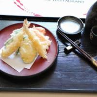 Tempura · Sample photo, actual food may vary.
 total 10 pieces of veggie and 4 pieces of shrimps Shrim...