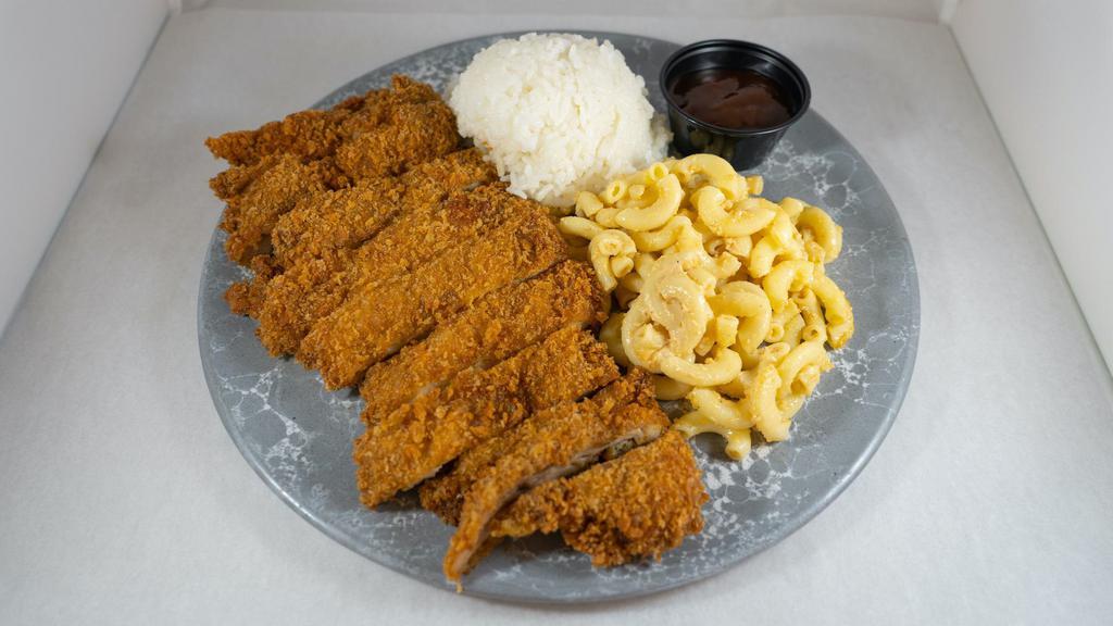 Chicken Katsu · A deliciously deep fried Japanese chicken cutlet. Served with Katsu Sauce and a helping of rice and mac salad.